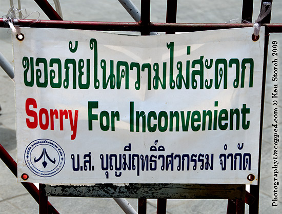 Sorry for Inconvenient - sign at Wat Trimit, Bangkok, Thailand