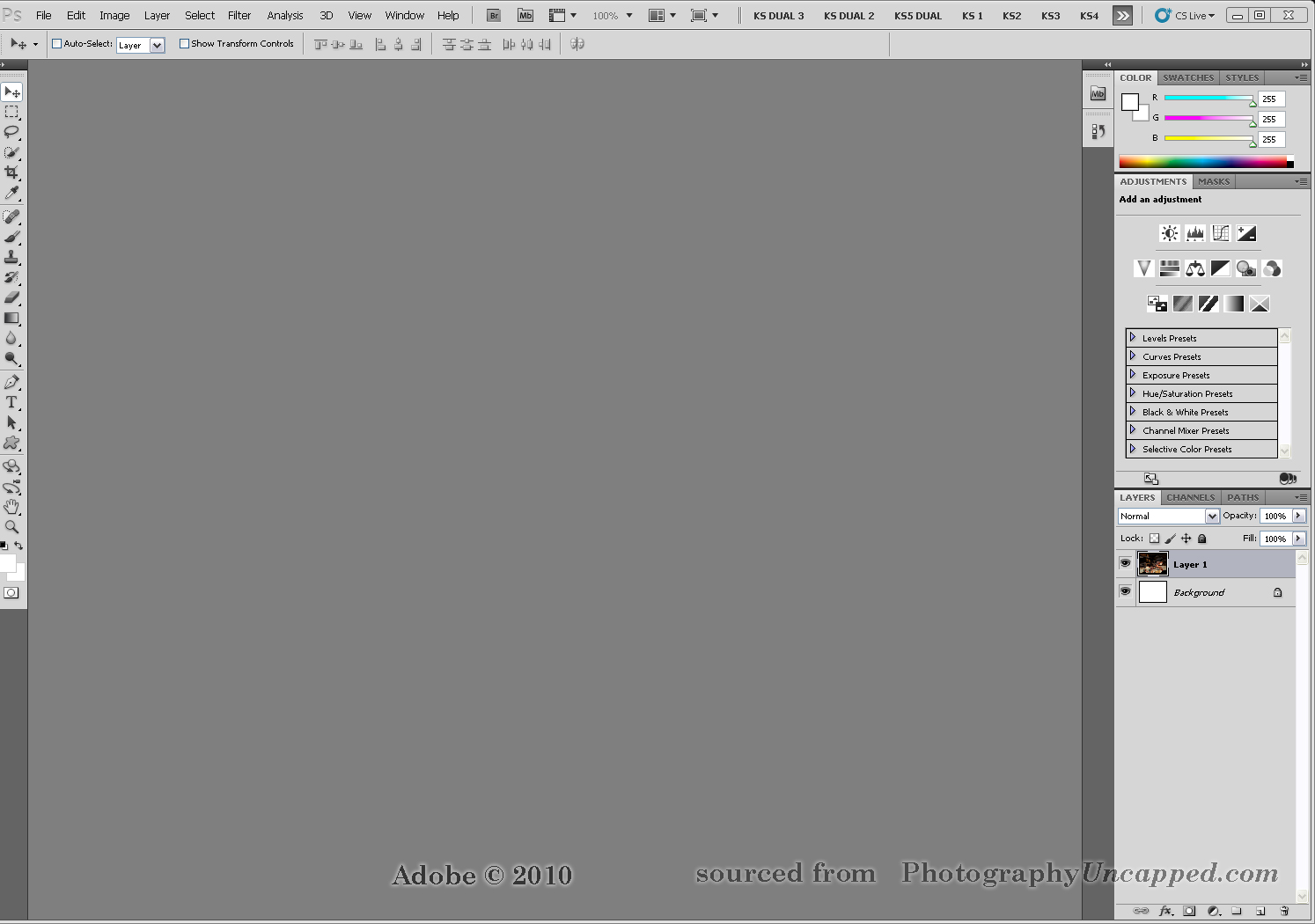 New Adobe Photoshop CS5 + CS5 Extended Workspaces Screen Captures