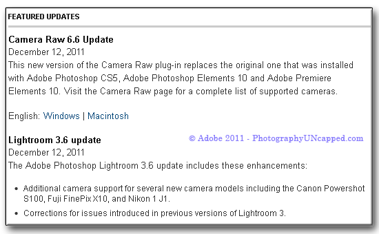 Adobe Camera RAW 6.6 + Lightroom 3.6 Updates