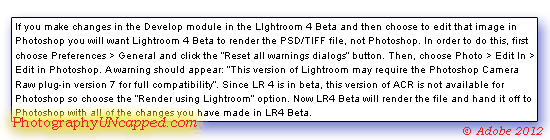 Lightroom 4 Beta warning Re: Photoshop Camera RAW 7
